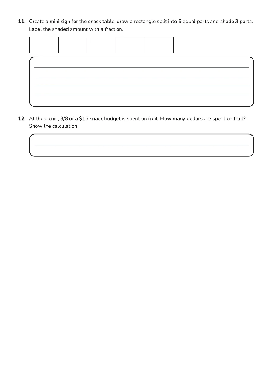 Understanding Fractions Made Easy, page 3 of 3: 11. Create a mini sign for the snack table: draw a rectangle split into 5 equal parts and…