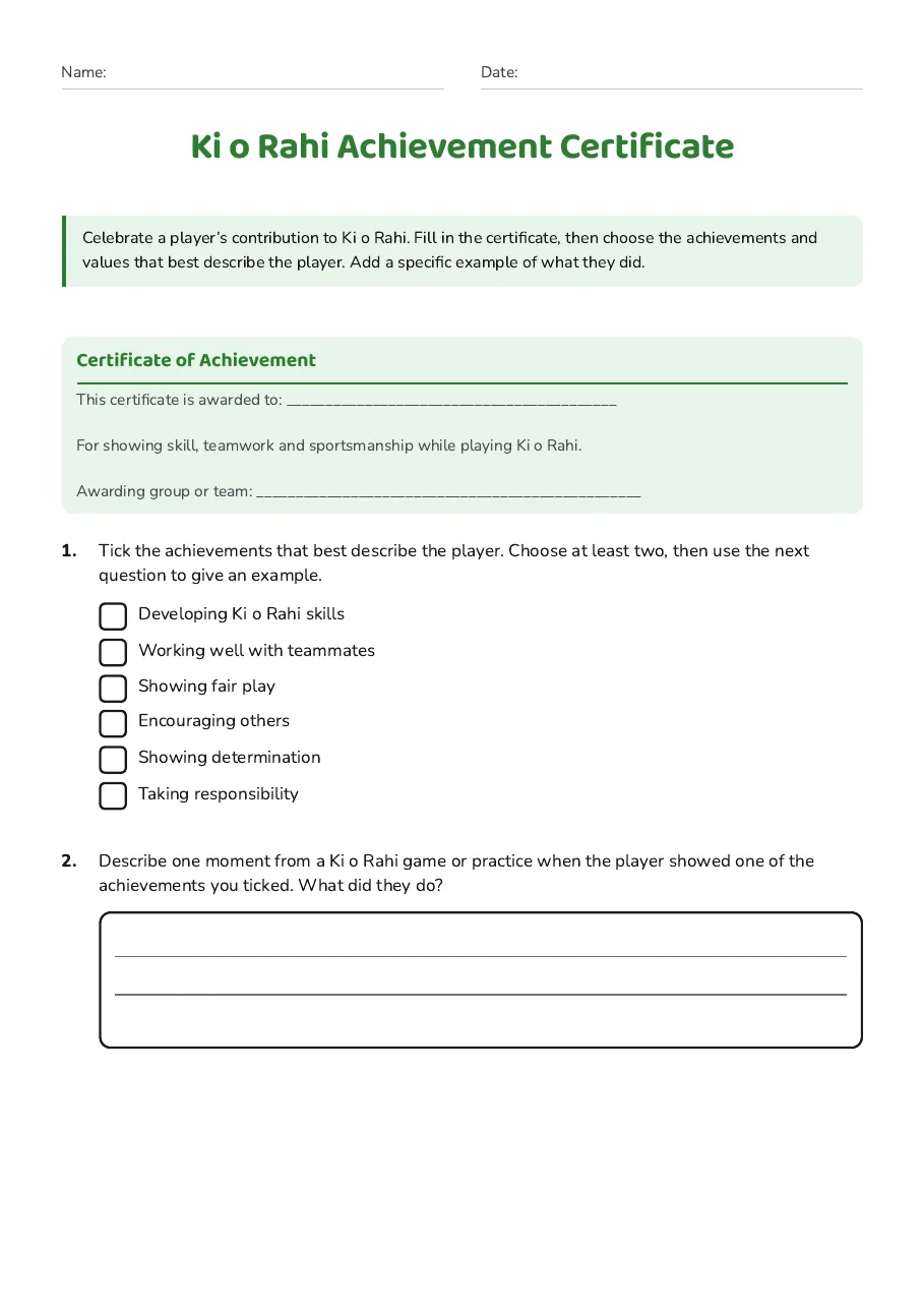 Ki o Rahi Achievement Certificate, page 1 of 2: Certificate of Achievement