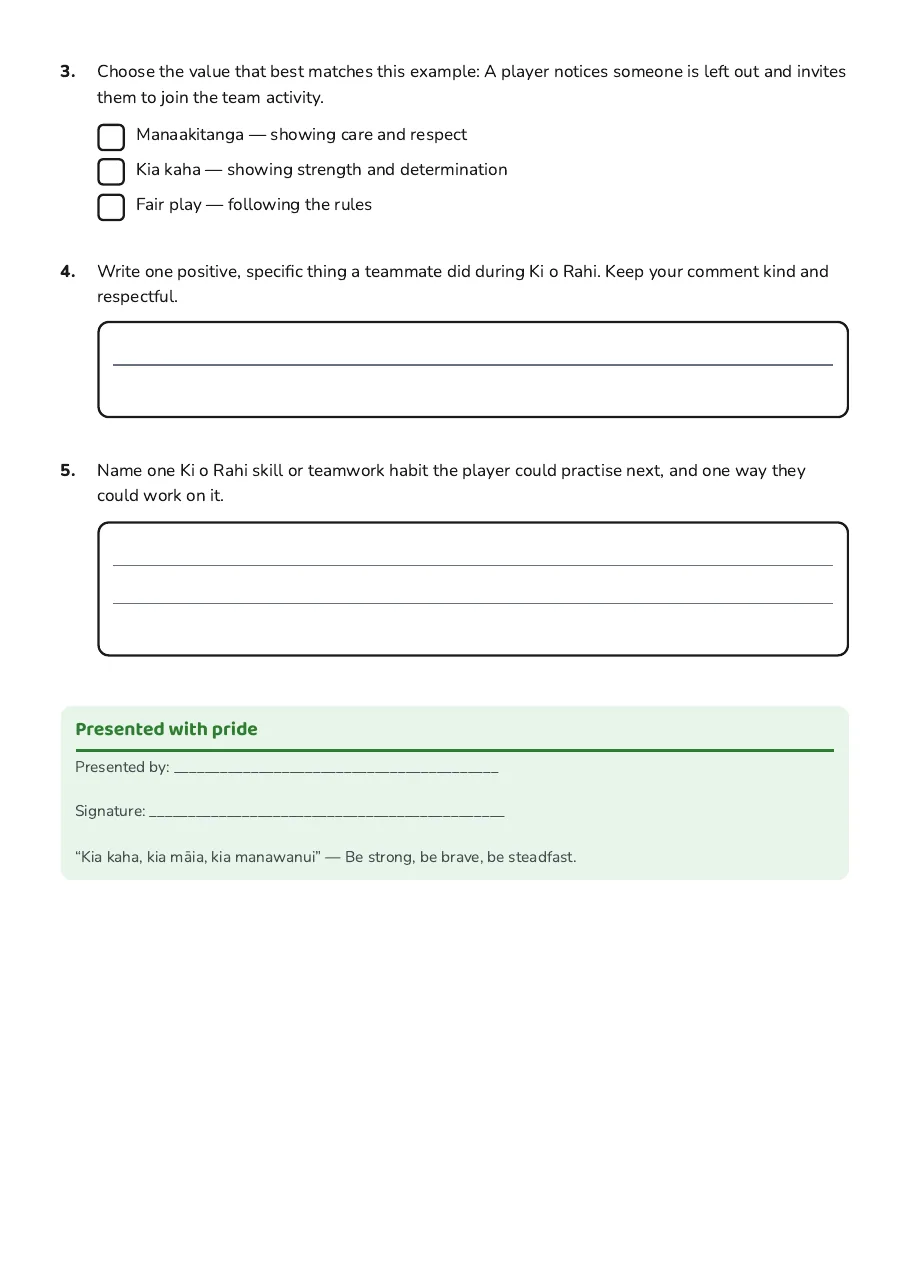Ki o Rahi Achievement Certificate, page 2 of 2: Presented with pride