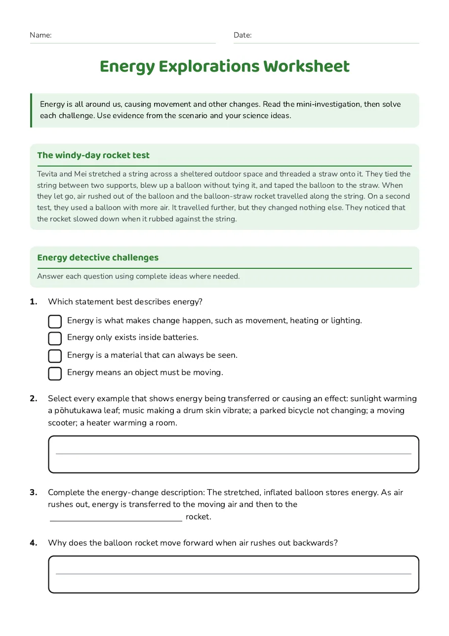 Energy Explorations Worksheet, page 1 of 2: The windy-day rocket test, Energy detective challenges
