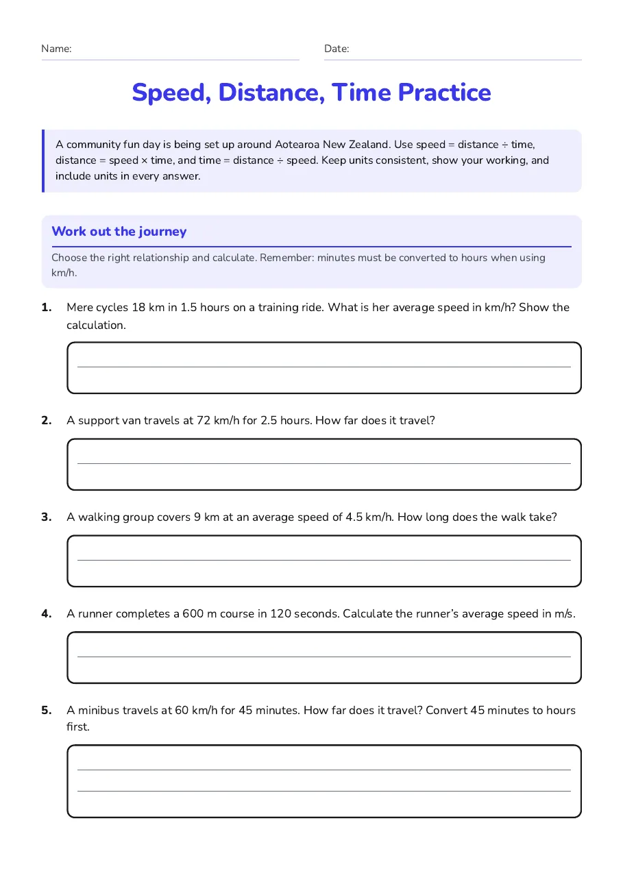 Speed, Distance, Time Practice, page 1 of 3: Work out the journey