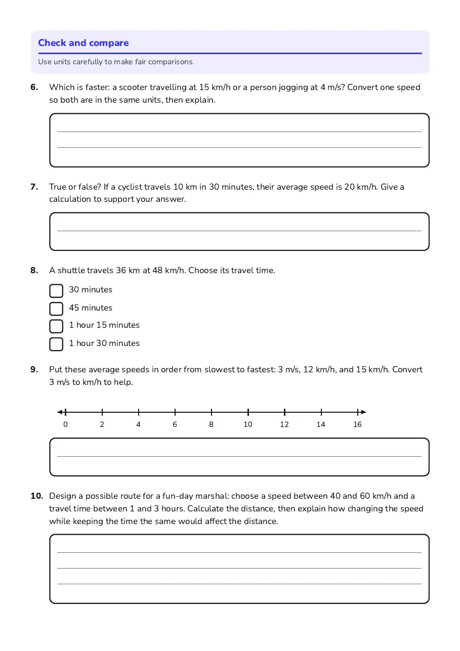 Speed, Distance, Time Practice, page 2 of 3: Check and compare
