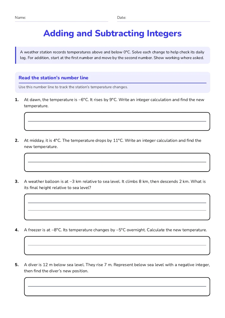 Adding and Subtracting Integers, page 1 of 2: Read the station’s number line