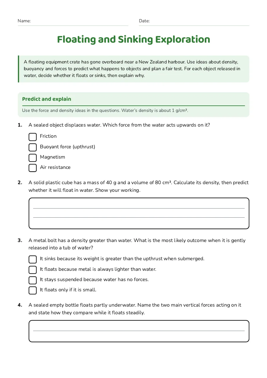 Floating and Sinking Exploration, page 1 of 3: Predict and explain