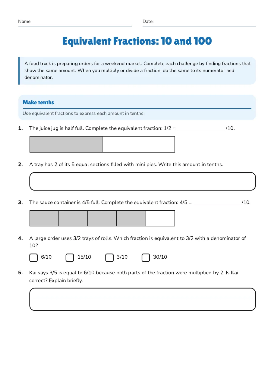 Equivalent Fractions: 10 and 100, page 1 of 2: Make tenths