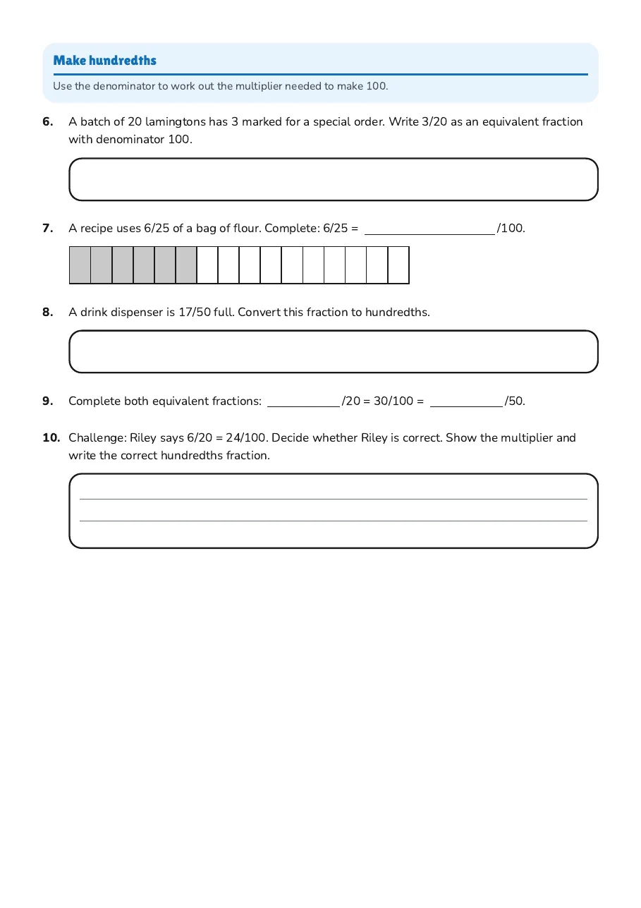 Equivalent Fractions: 10 and 100, page 2 of 2: Make hundredths