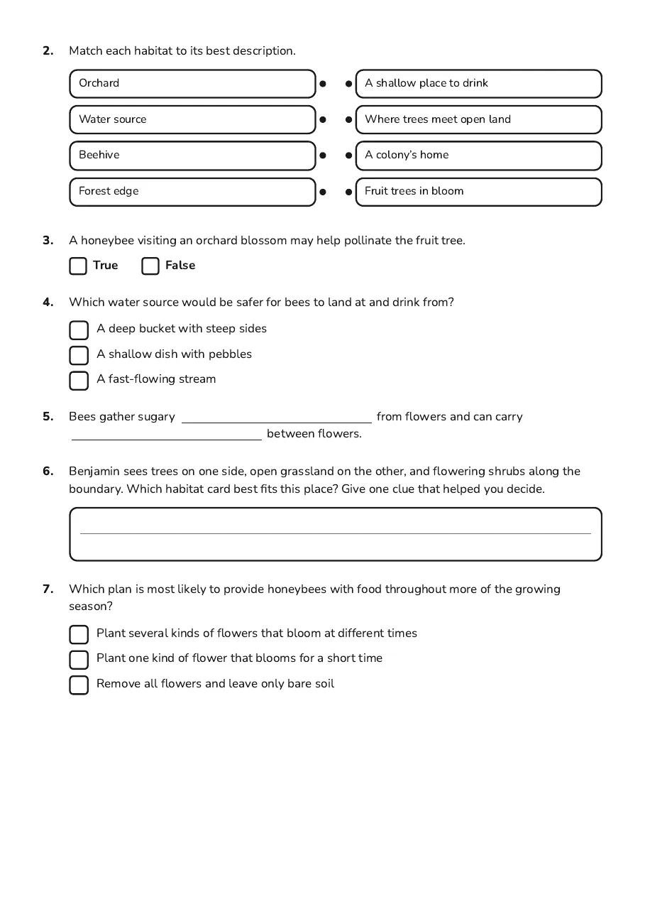 Honeybee Habitat Cards, page 2 of 3: 2. Match each habitat to its best description.