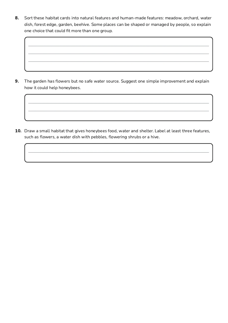Honeybee Habitat Cards, page 3 of 3: 8. Sort these habitat cards into natural features and human-made features: meadow,…