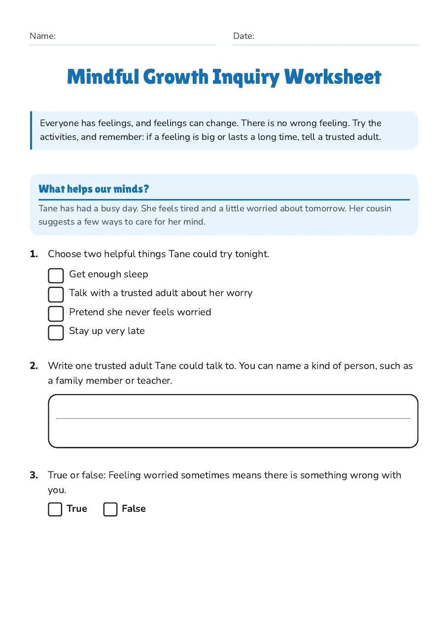 Mindful Growth Inquiry Worksheet, page 1 of 3: What helps our minds?