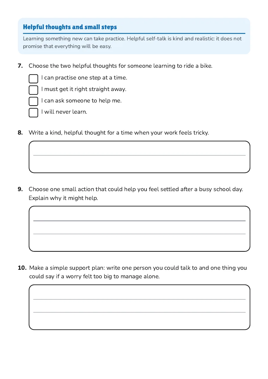 Mindful Growth Inquiry Worksheet, page 3 of 3: Helpful thoughts and small steps