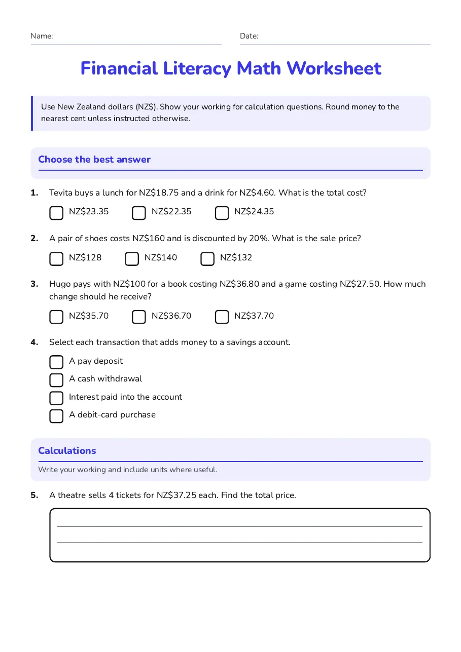 Financial Literacy Math Worksheet, page 1 of 2: Choose the best answer, Calculations