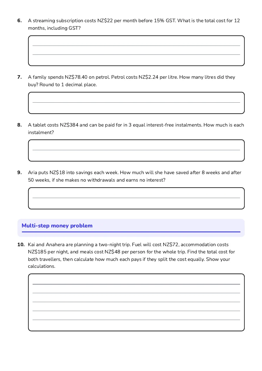 Financial Literacy Math Worksheet, page 2 of 2: Multi-step money problem
