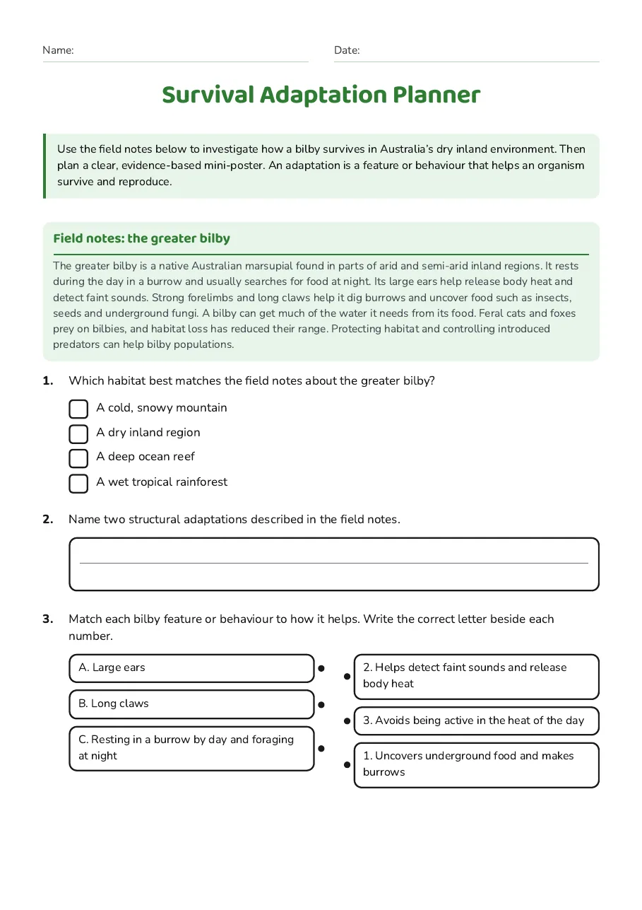Survival Adaptation Planner, page 1 of 3: Field notes: the greater bilby