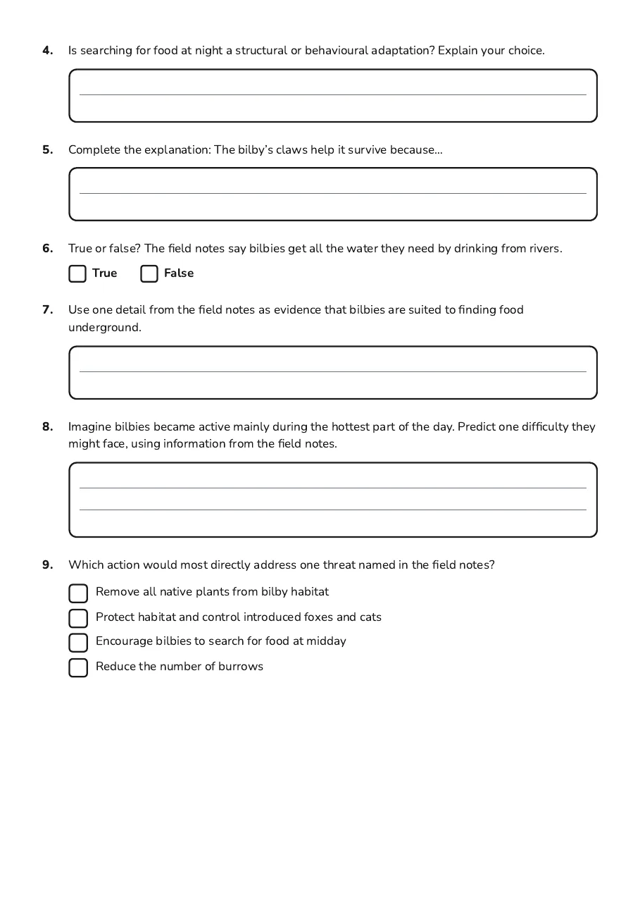 Survival Adaptation Planner, page 2 of 3: 4. Is searching for food at night a structural or behavioural adaptation? Explain your…