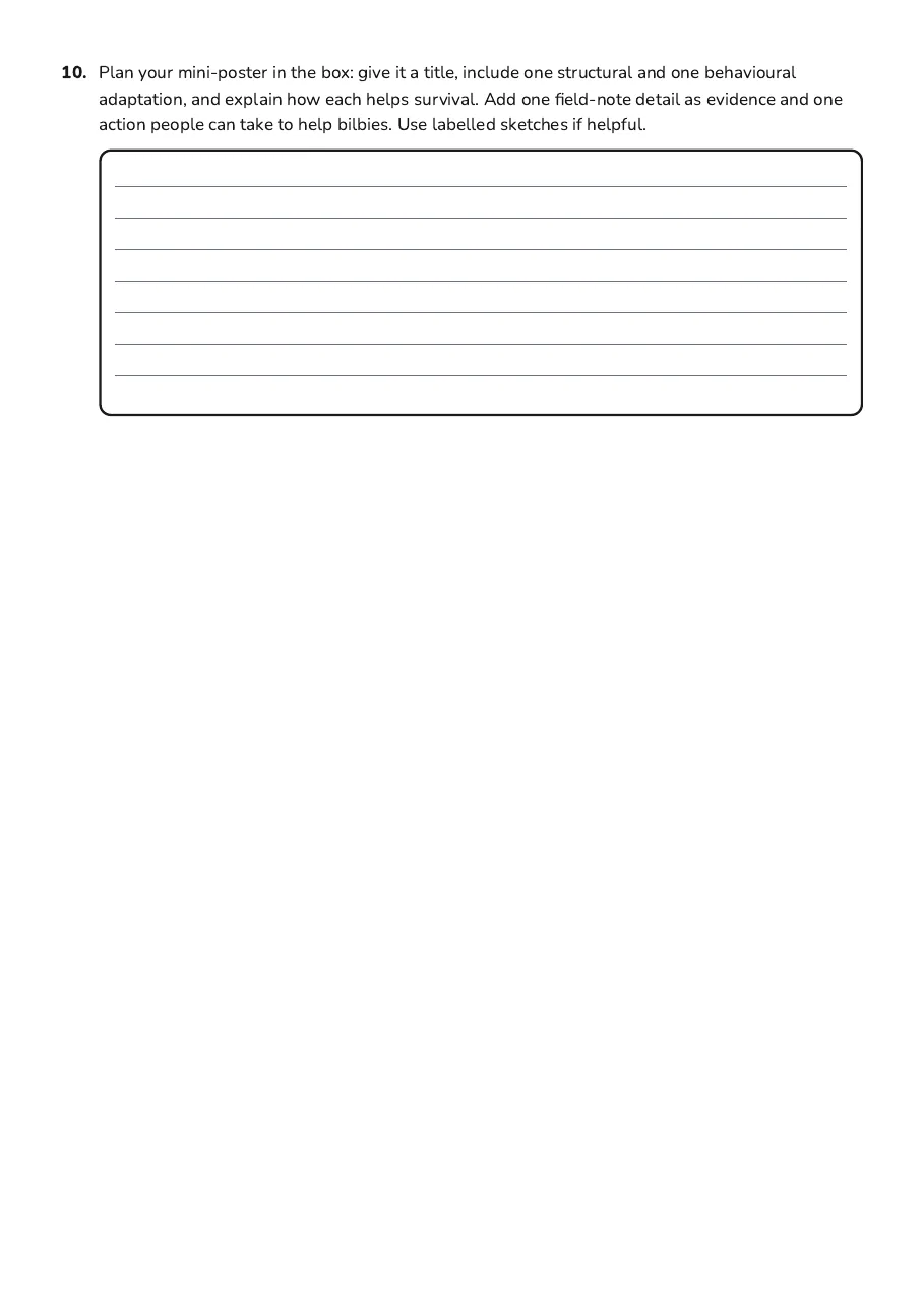 Survival Adaptation Planner, page 3 of 3: 10. Plan your mini-poster in the box: give it a title, include one structural and one…