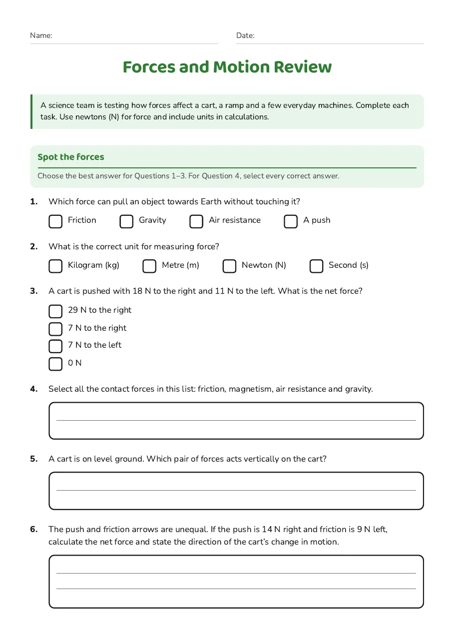 Forces and Motion Review, page 1 of 3: Spot the forces