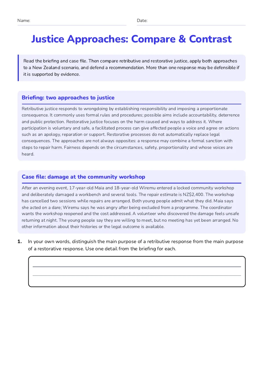Justice Approaches: Compare & Contrast, page 1 of 3: Briefing: two approaches to justice, Case file: damage at the community workshop