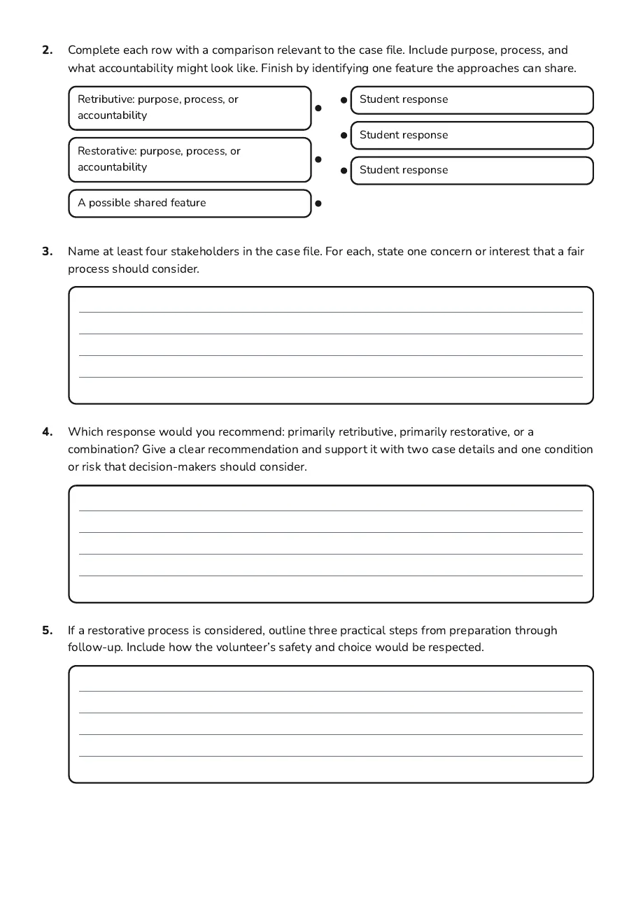 Justice Approaches: Compare & Contrast, page 2 of 3: 2. Complete each row with a comparison relevant to the case file. Include purpose,…