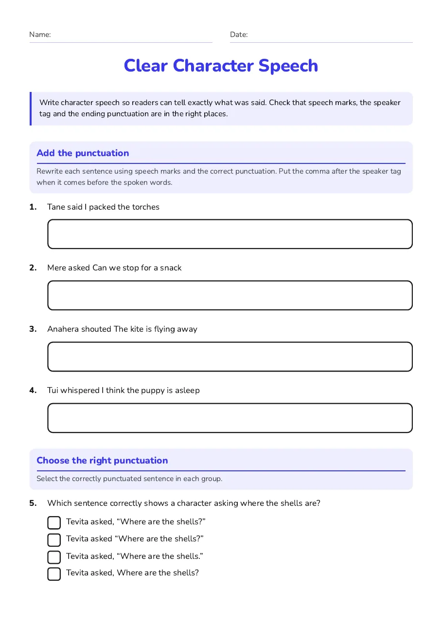 Clear Character Speech, page 1 of 2: Add the punctuation, Choose the right punctuation