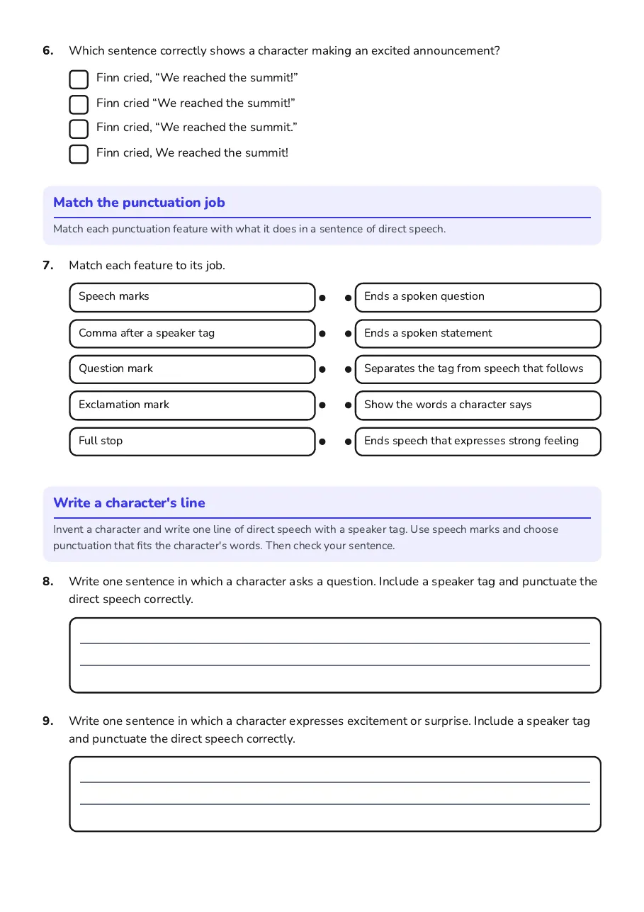 Clear Character Speech, page 2 of 2: Match the punctuation job, Write a character's line