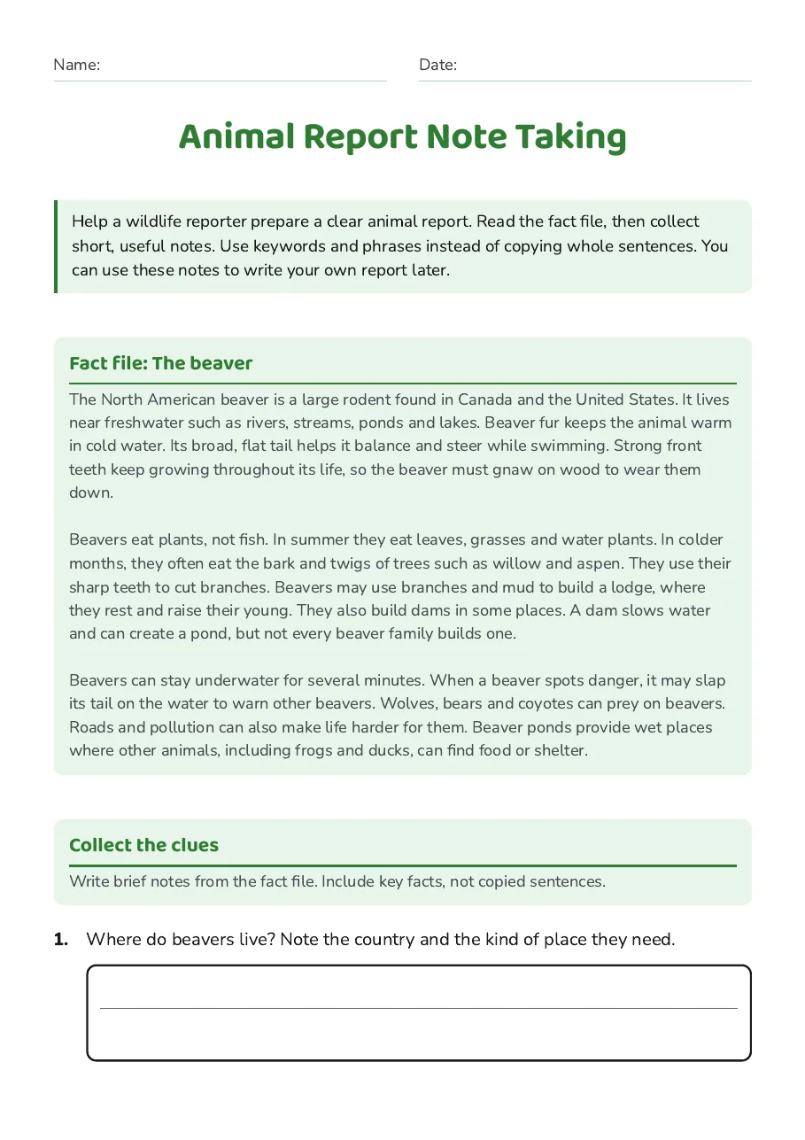 Animal Report Note Taking, page 1 of 4: Fact file: The beaver, Collect the clues