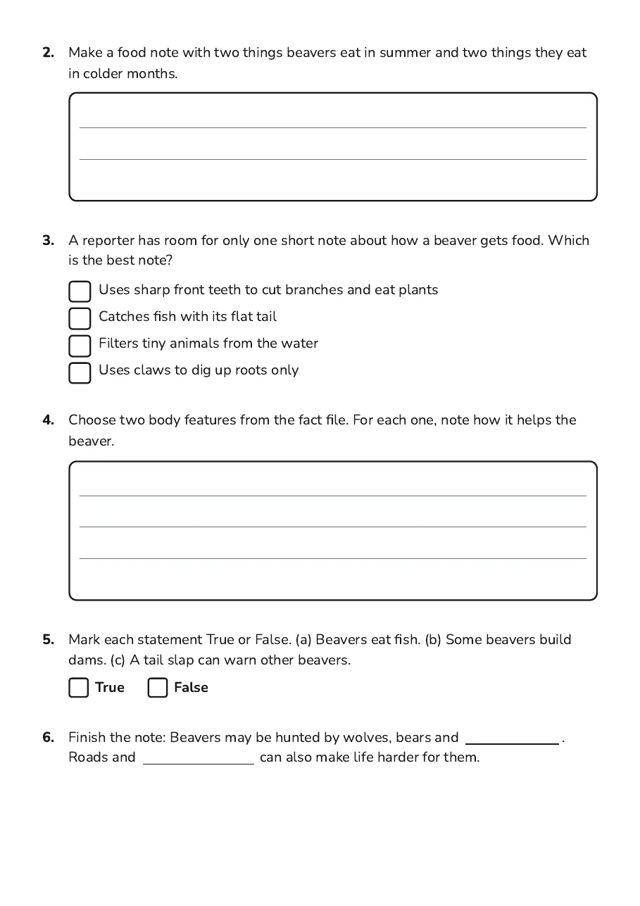 Animal Report Note Taking, page 2 of 4: 2. Make a food note with two things beavers eat in summer and two things they eat