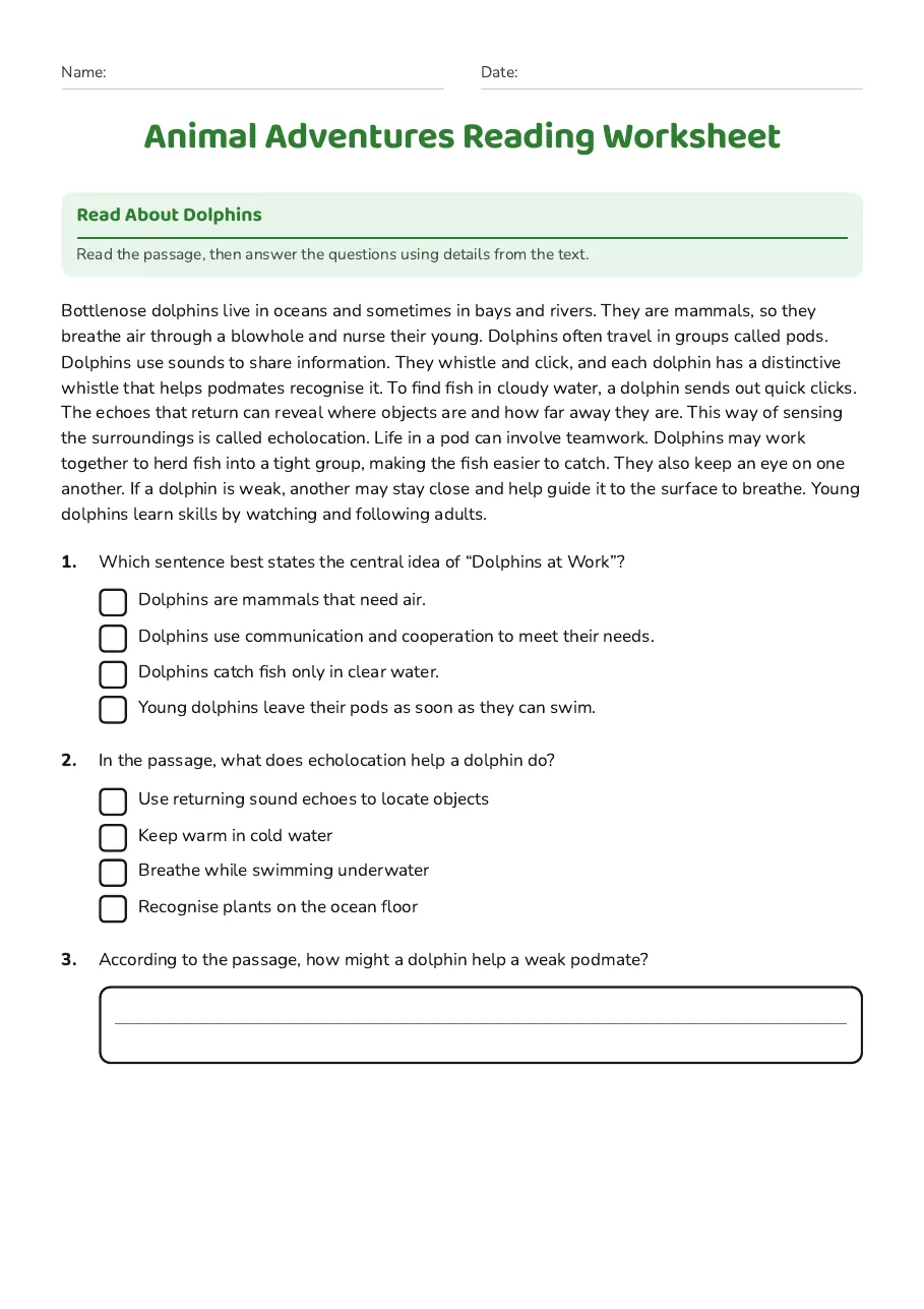 Animal Adventures Reading Worksheet, page 1 of 3: Read About Dolphins