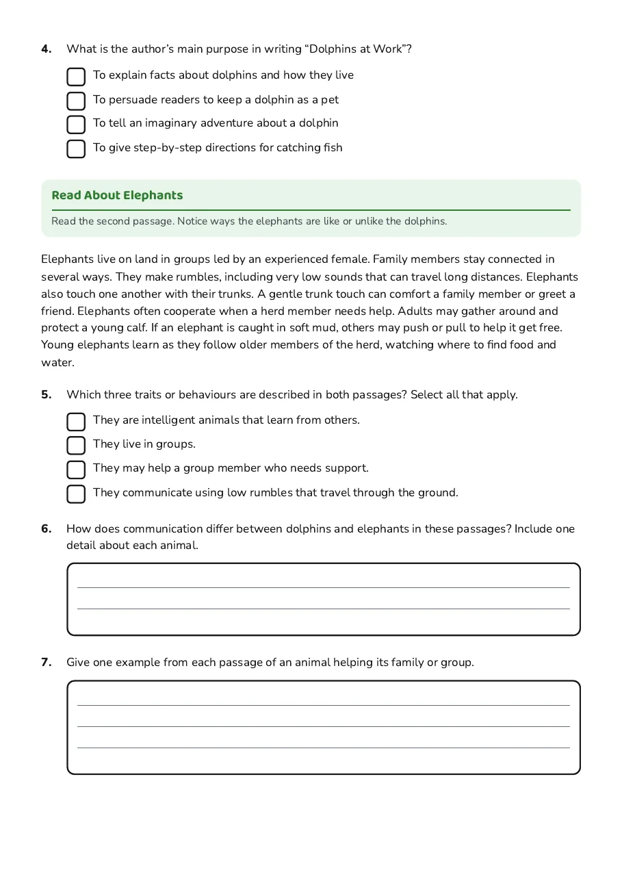 Animal Adventures Reading Worksheet, page 2 of 3: Read About Elephants