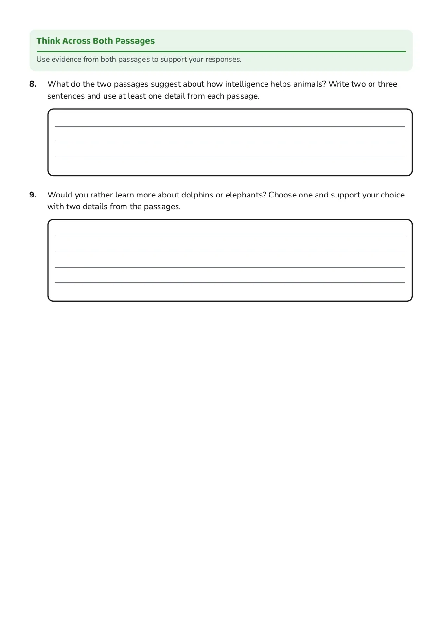 Animal Adventures Reading Worksheet, page 3 of 3: Think Across Both Passages