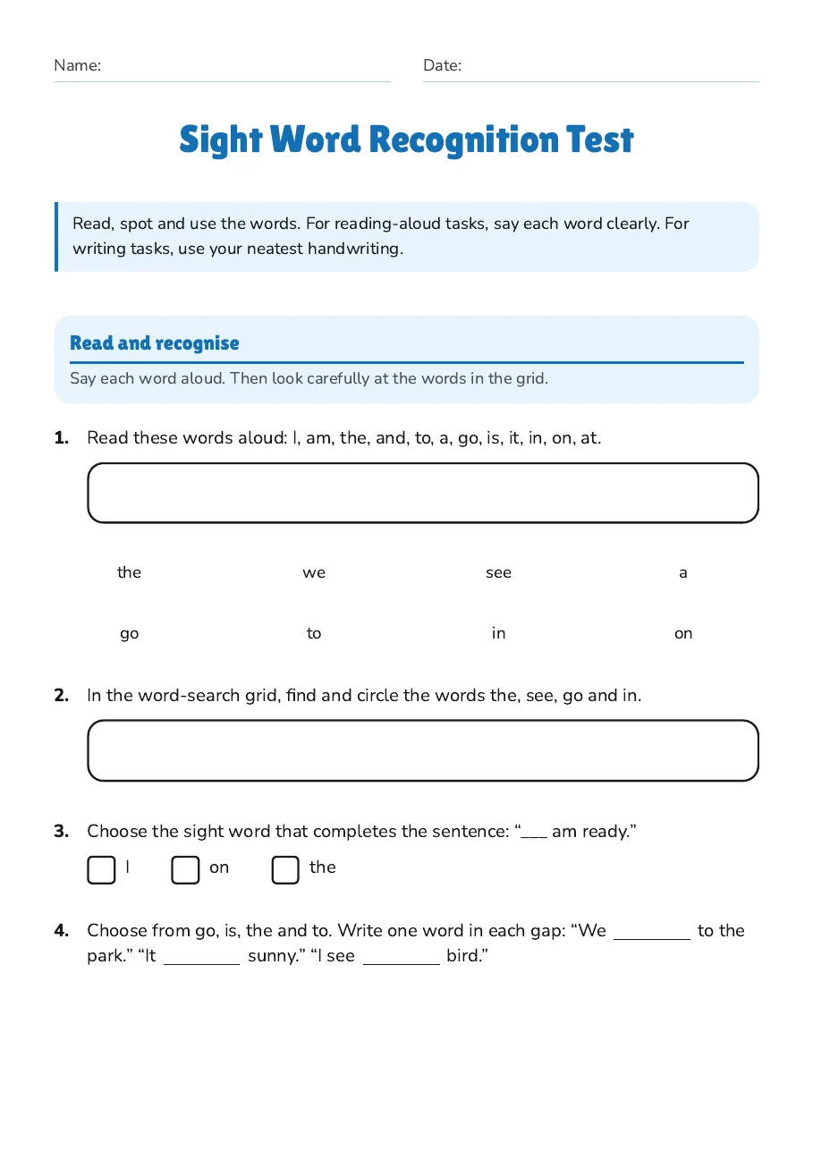 Sight Word Recognition Test, page 1 of 2: Read and recognise
