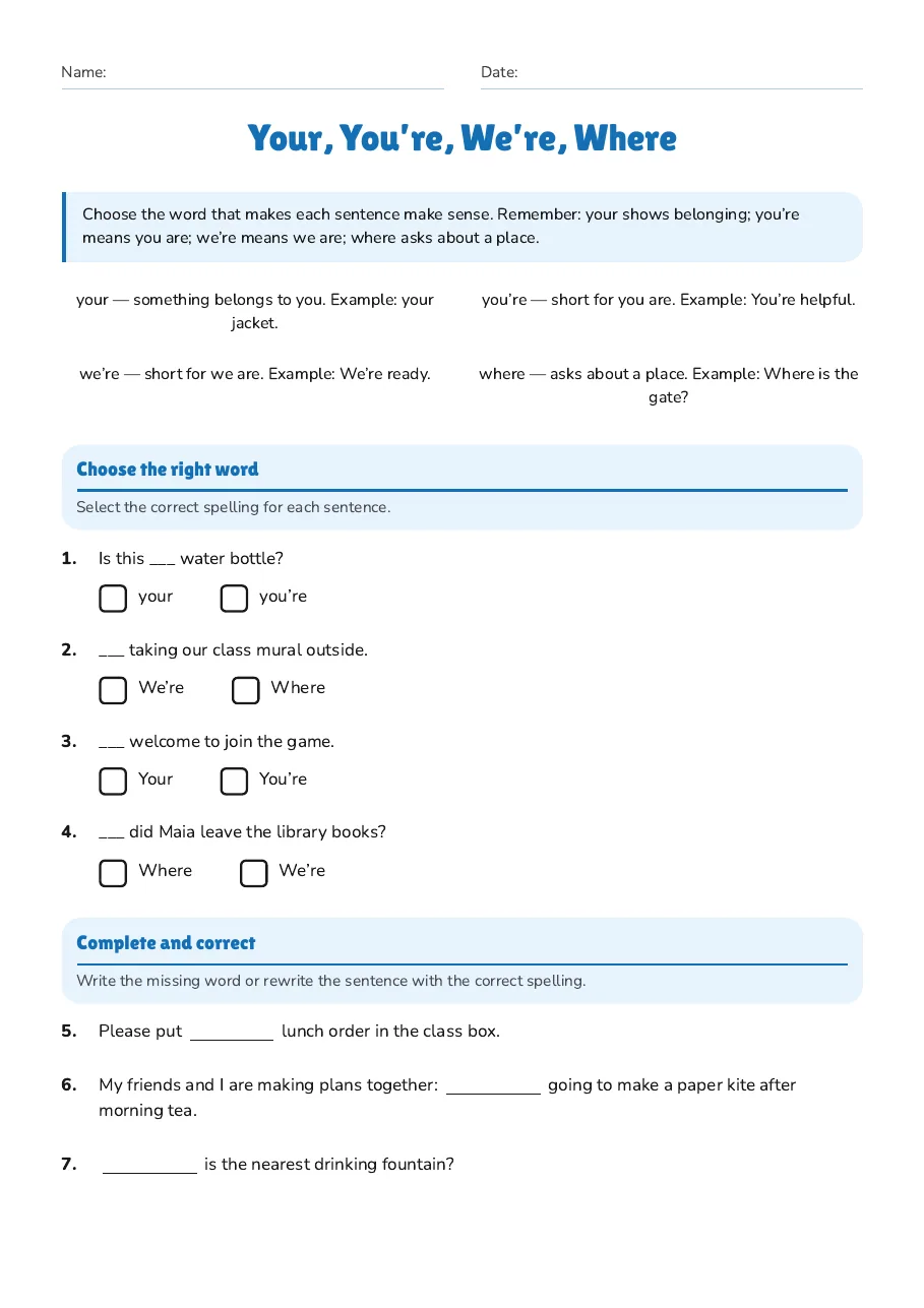 Your, You’re, We’re, Where, page 1 of 2: Choose the right word, Complete and correct