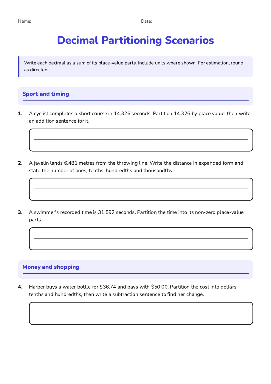 Decimal Partitioning Scenarios, page 1 of 2: Sport and timing, Money and shopping