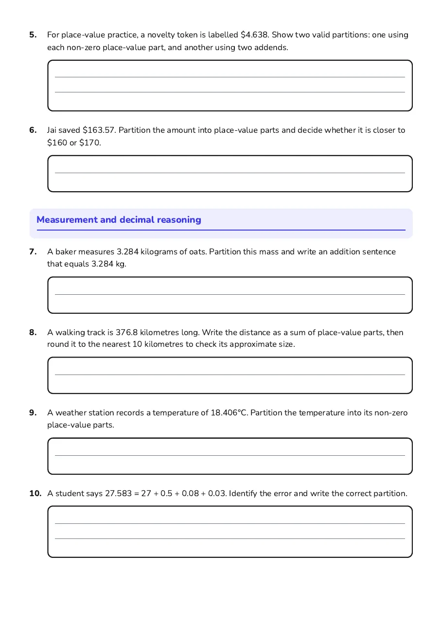 Decimal Partitioning Scenarios, page 2 of 2: Measurement and decimal reasoning