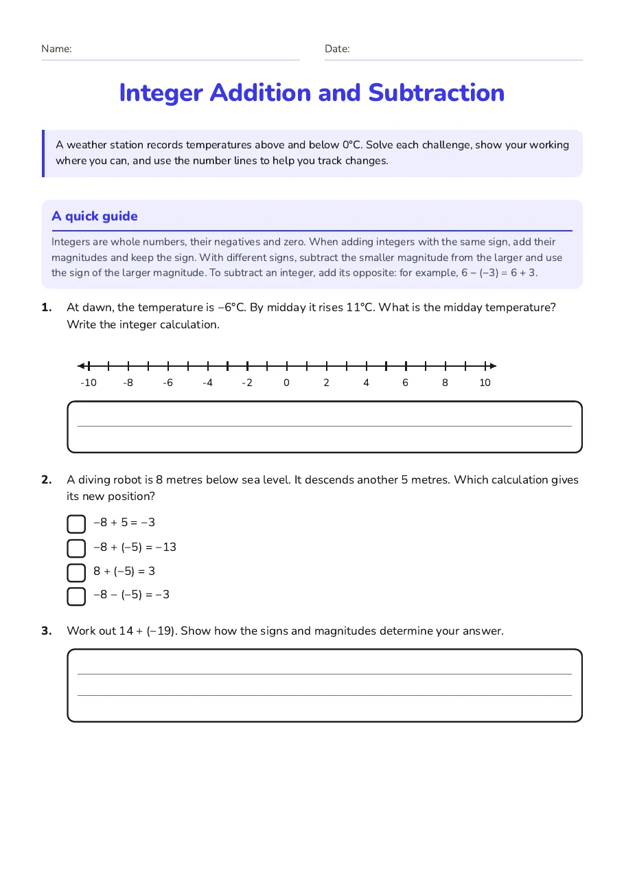 Integer Addition and Subtraction, page 1 of 3: A quick guide