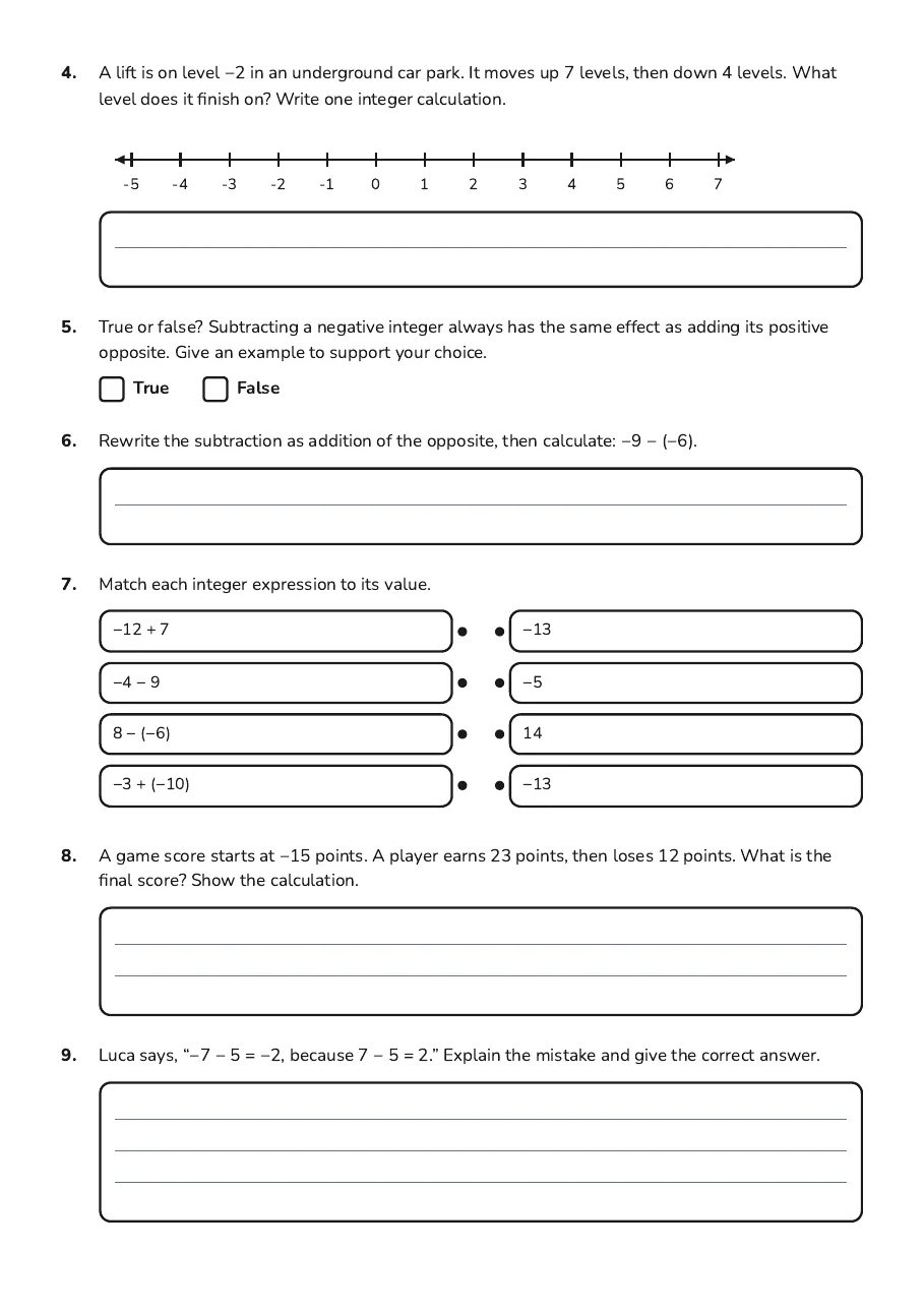 Integer Addition and Subtraction, page 2 of 3: 4. A lift is on level −2 in an underground car park. It moves up 7 levels, then down 4…