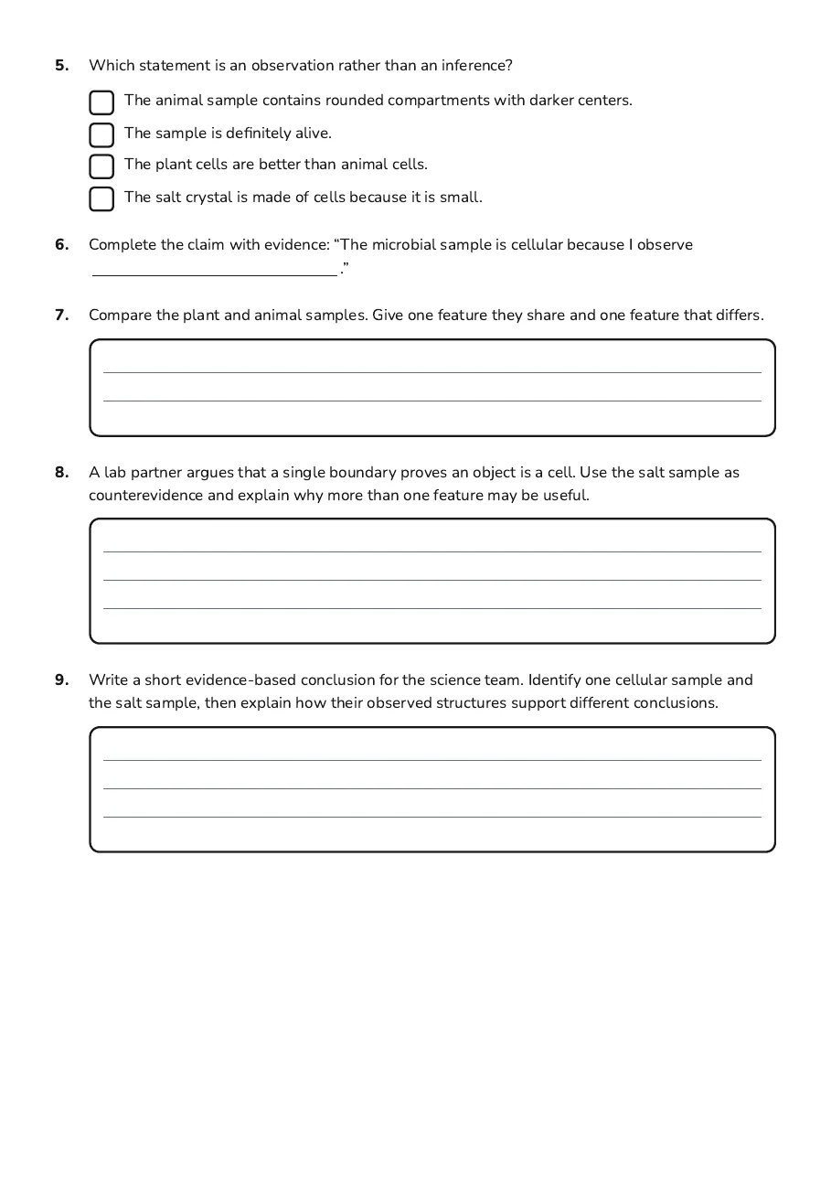 Cell Evidence Investigation, page 2 of 2: 5. Which statement is an observation rather than an inference?