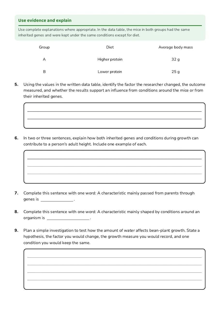 Organism Growth Influences Worksheet, page 2 of 2: Use evidence and explain