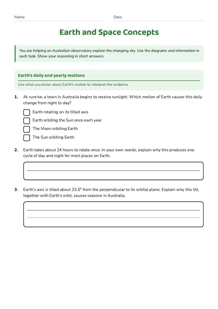 Earth and Space Concepts, page 1 of 3: Earth’s daily and yearly motions