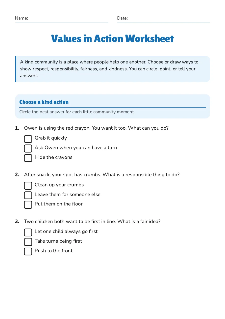 Values in Action Worksheet, page 1 of 3: Choose a kind action