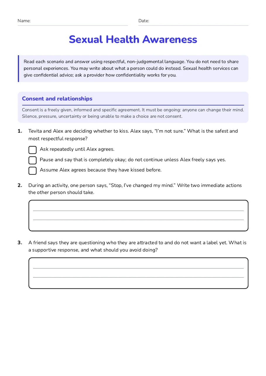 Sexual Health Awareness, page 1 of 3: Consent and relationships