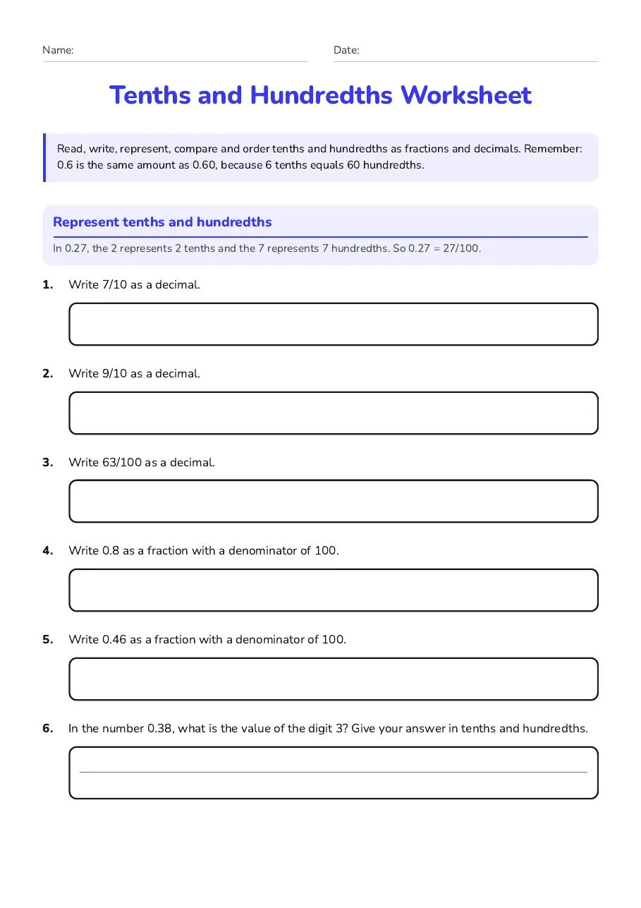 Tenths and Hundredths Worksheet, page 1 of 3: Represent tenths and hundredths