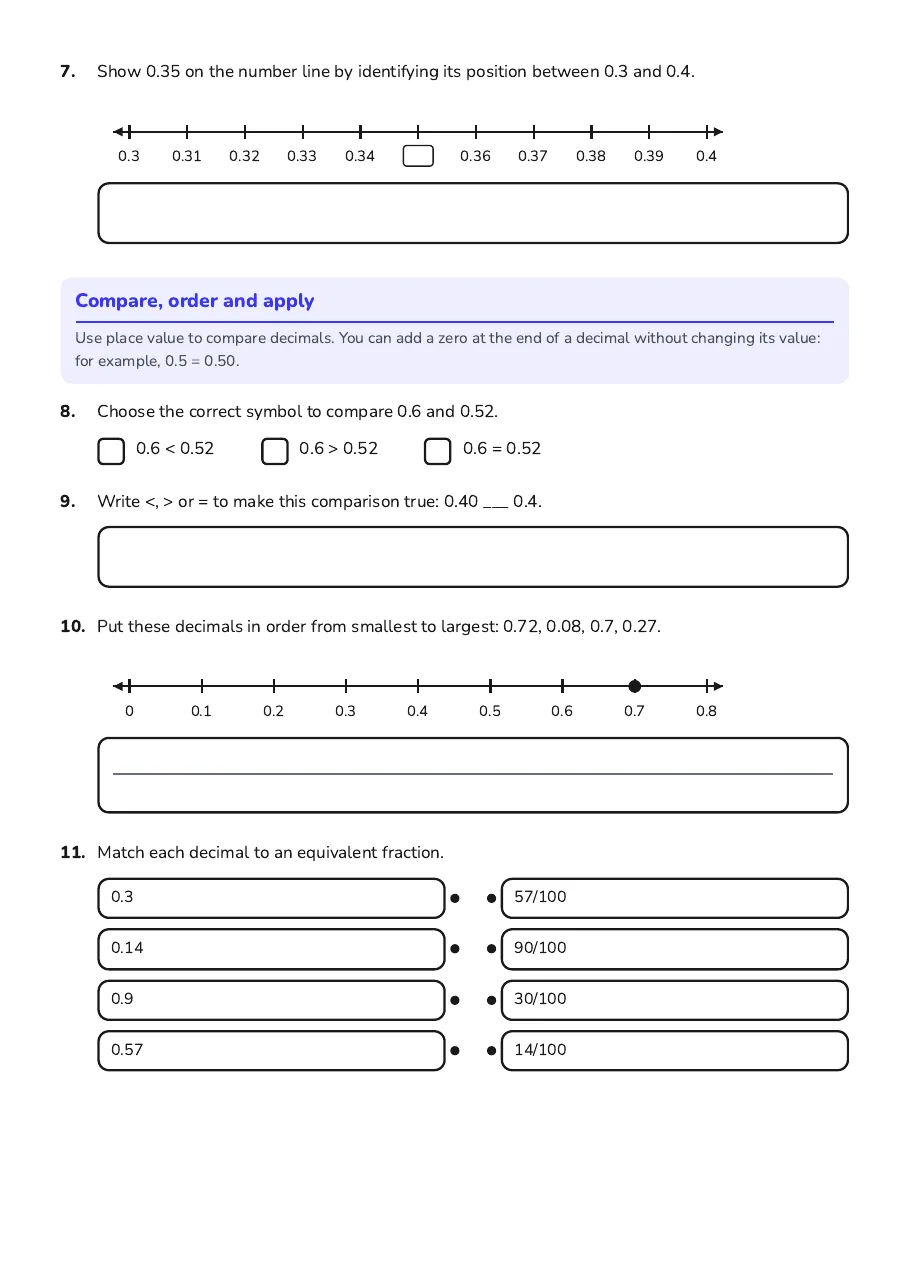 Tenths and Hundredths Worksheet, page 2 of 3: Compare, order and apply