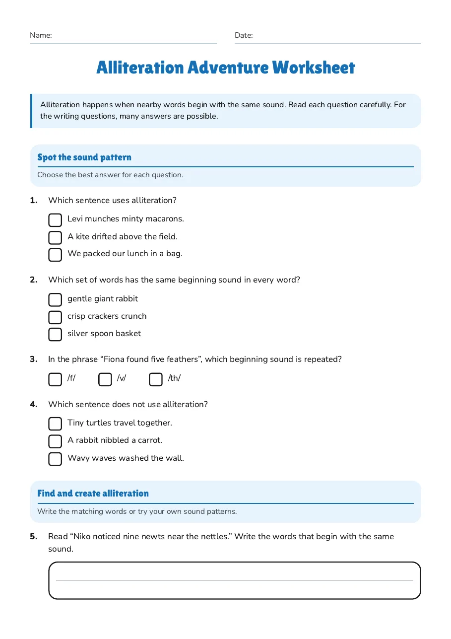 Alliteration Adventure Worksheet, page 1 of 2: Spot the sound pattern, Find and create alliteration