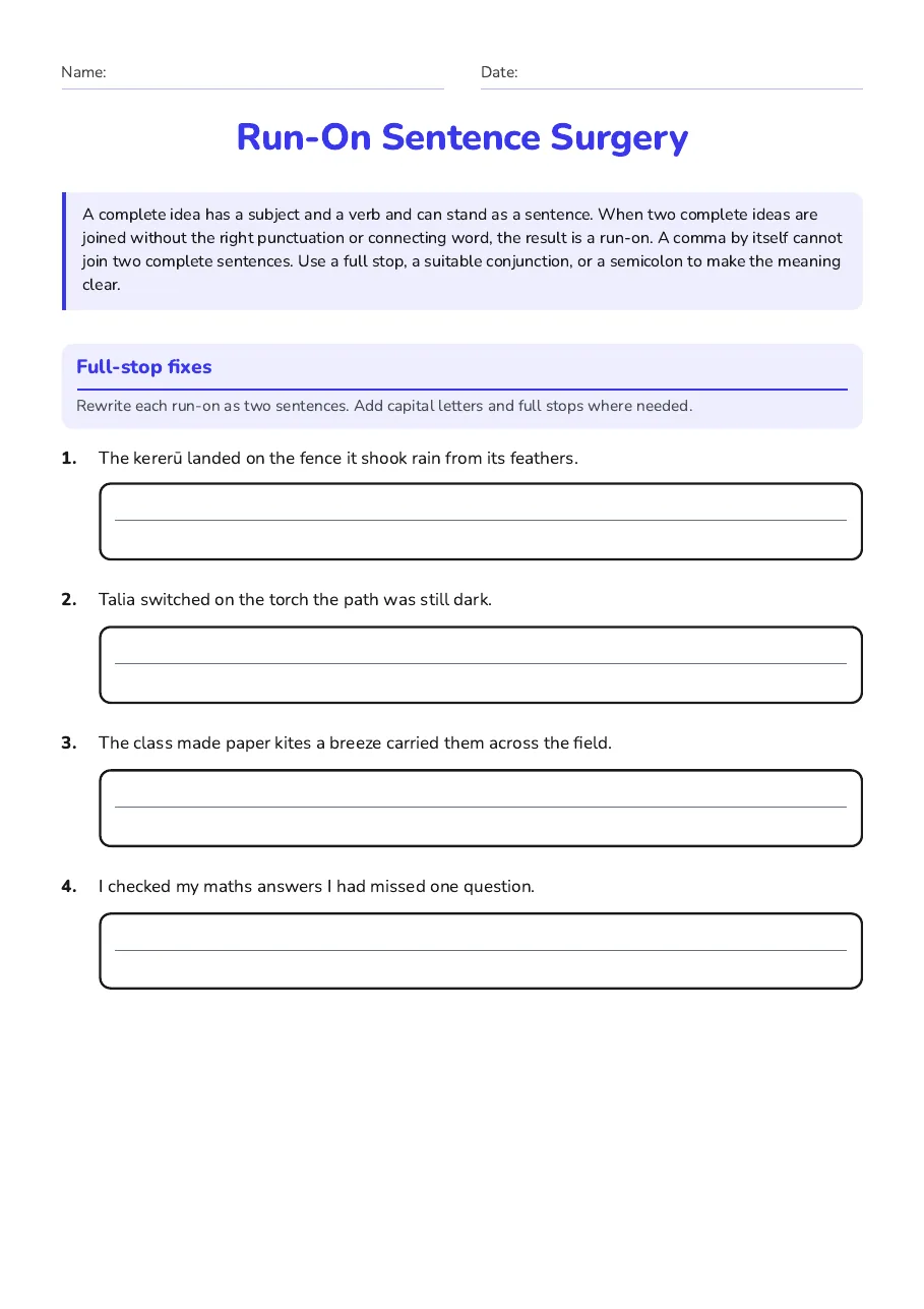 Run-On Sentence Surgery, page 1 of 5: Full-stop fixes