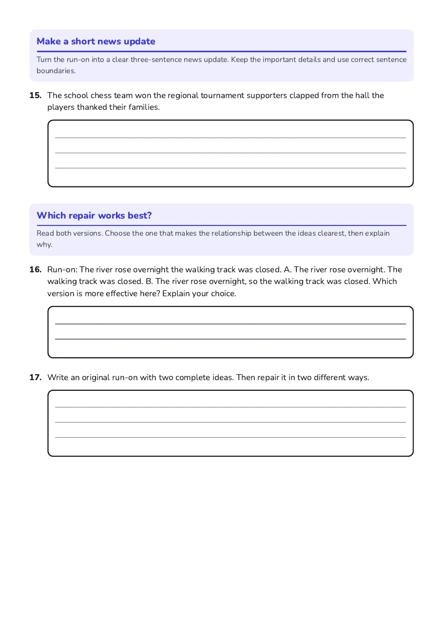 Run-On Sentence Surgery, page 4 of 5: Make a short news update, Which repair works best?