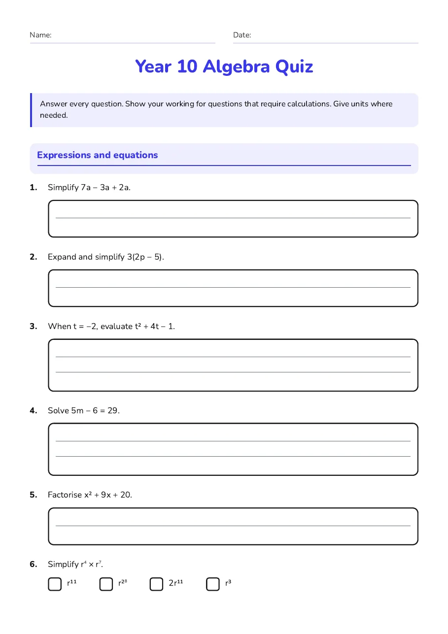 Year 10 Algebra Quiz, page 1 of 3: Expressions and equations