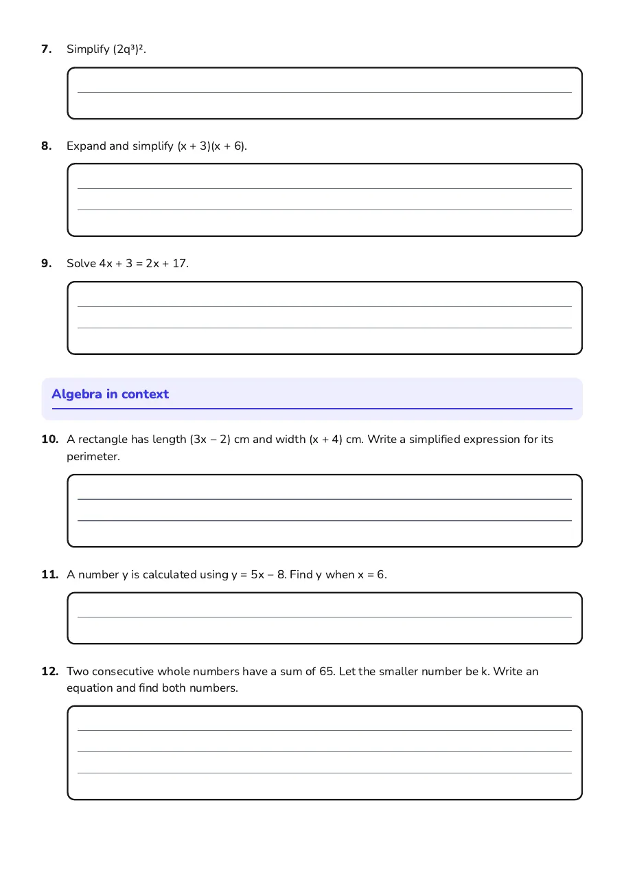Year 10 Algebra Quiz, page 2 of 3: Algebra in context