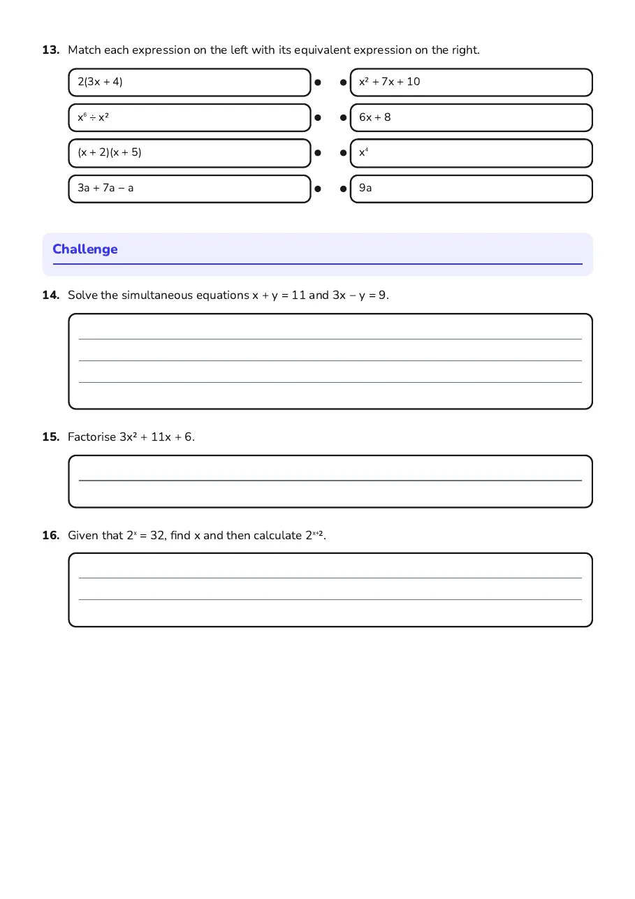 Year 10 Algebra Quiz, page 3 of 3: Challenge