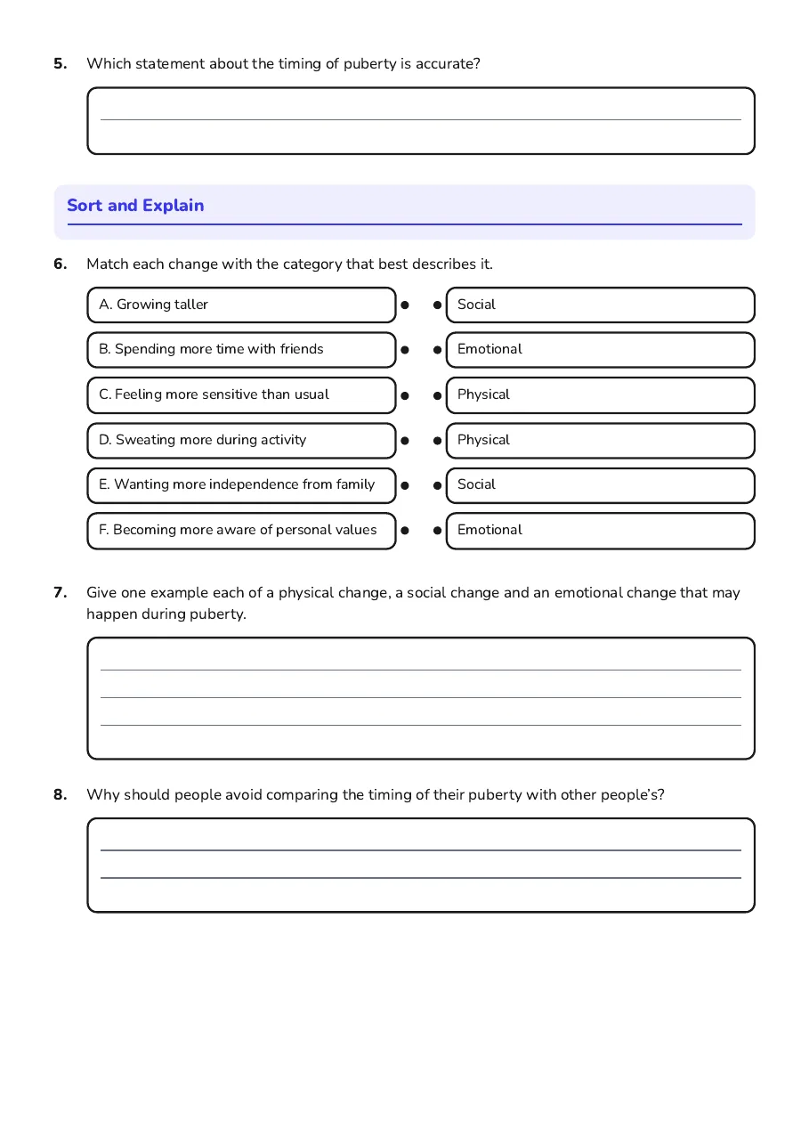 Understanding Puberty Changes, page 2 of 3: Sort and Explain