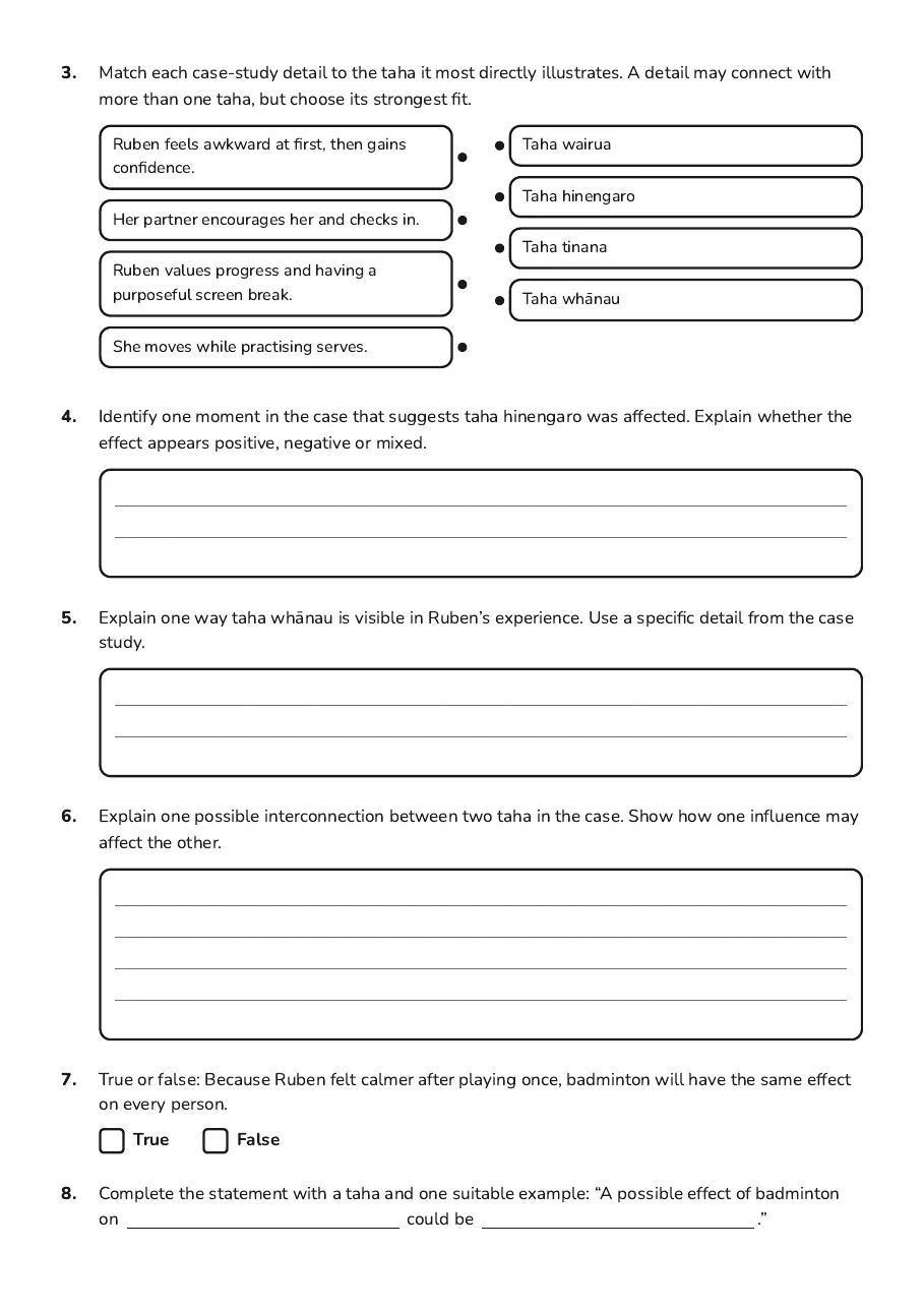 Badminton and My Hauora, page 2 of 3: 3. Match each case-study detail to the taha it most directly illustrates. A detail may…